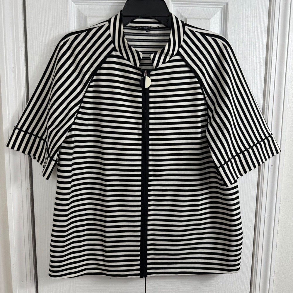 Lafayette 148 Stripe Zip Top L Black White Mod Minimalist Chic Jacket